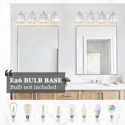4-Light Modern Bathroom Light Fixture Chrome Vanity Lights Over Mirror Wall Sconce Lighting with K9 Crystal Shades Bathroom Wall Lamp E26 Base for Bedroom, Living Room, Hallway, Cabinet