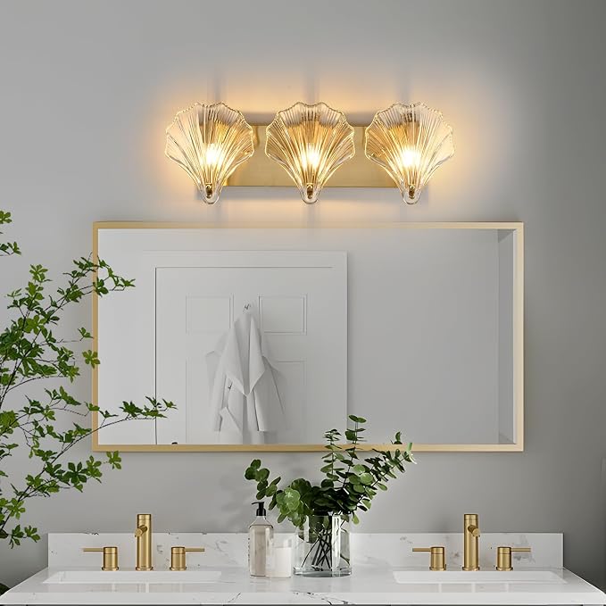 Bathroom Light Fixtures, 3-Lights Vanity Lights Over Mirror, Modern Bathroom Wall Light with Clear Shell Shaped Glass Shades, Gold Wall Sconces for Bedroom Living Room Kitchen Hallway