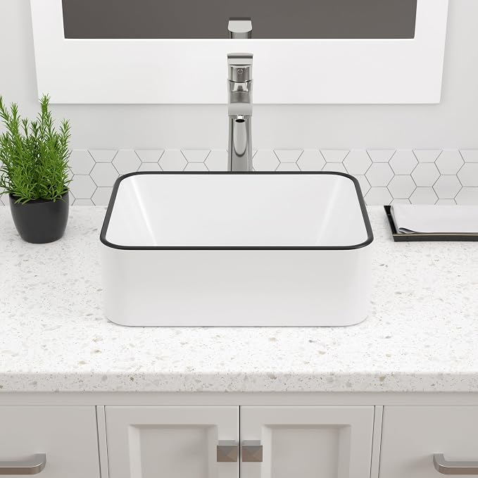 Dcolora Rectangular White Vessel Sink, 16"x12", Black Rim Ceramic Porcelain Bathroom Sink