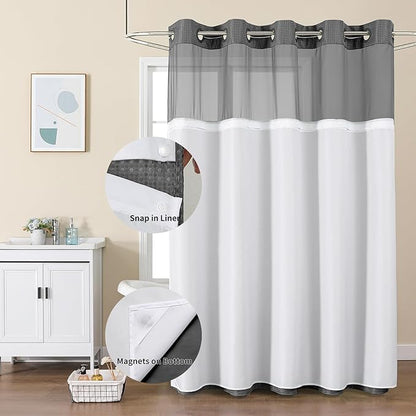 Colorful Star Charcoal Grey No Hook Waffle Shower Curtain Set, 72 x 75 Inch | Snap-In Fabric Liner, Mesh Top Window, Heavy-Duty Waffle Fabric, Waterproof Hotel Style Shower Curtain for Bathroom