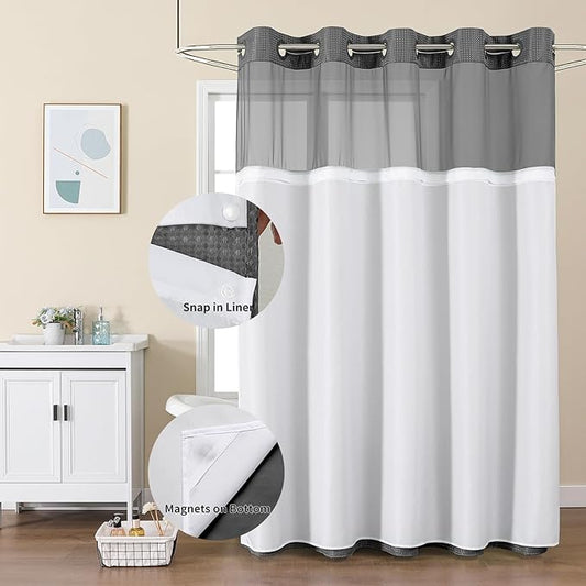 Colorful Star Charcoal Grey No Hook Waffle Shower Curtain Set, 72 x 75 Inch | Snap-In Fabric Liner, Mesh Top Window, Heavy-Duty Waffle Fabric, Waterproof Hotel Style Shower Curtain for Bathroom