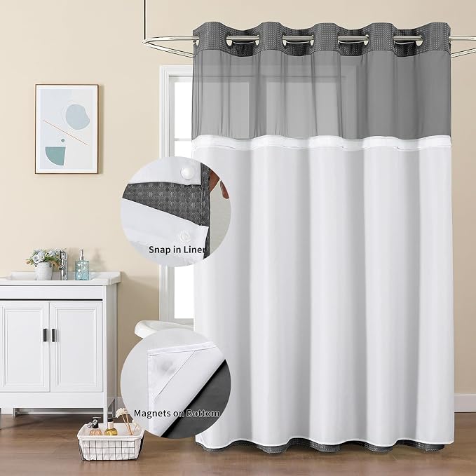Colorful Star Charcoal Grey No Hook Waffle Shower Curtain Set, 72 x 81 Inch | Snap-In Fabric Liner, Mesh Top Window, Heavy-Duty Waffle Fabric, Waterproof Hotel Style Shower Curtain for Bathroom