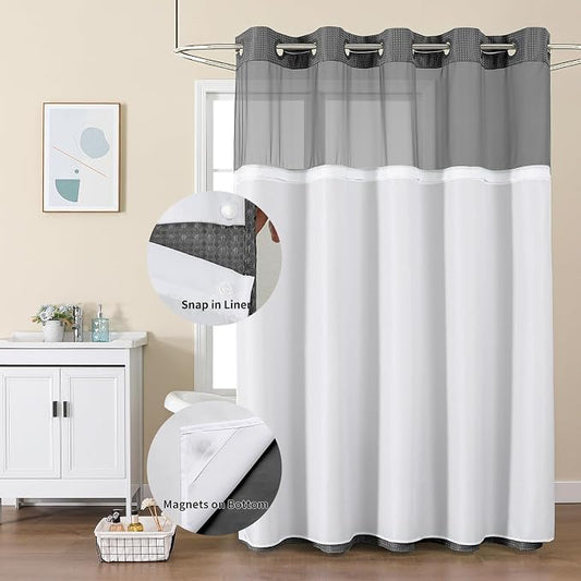 Colorful Star Charcoal Grey No Hook Waffle Shower Curtain Set, 72 x 81 Inch | Snap-In Fabric Liner, Mesh Top Window, Heavy-Duty Waffle Fabric, Waterproof Hotel Style Shower Curtain for Bathroom