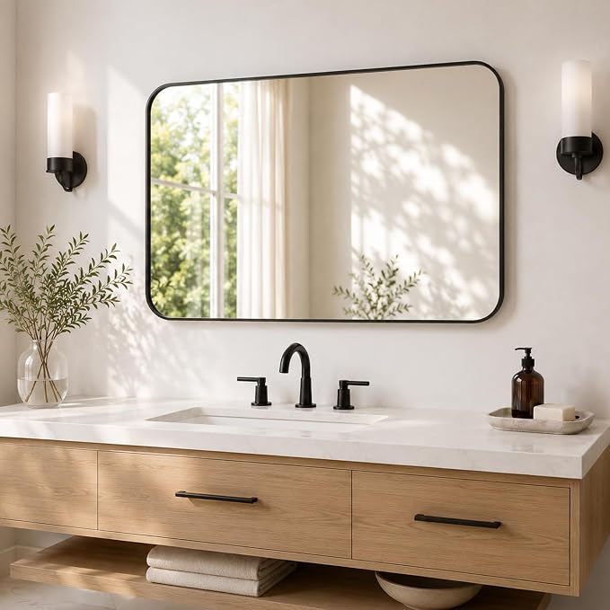 2-Pack 22x30 Inch Matte Black Rounded Rectangle Vanity Mirrors | Double Vanity or Two Bathrooms, Pair or Separate Use, Iron Frame, Layered Shadow Box Look, Two-Way Mount