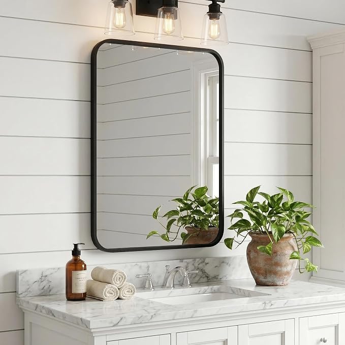 24x36 Inch Matte Black Rounded Rectangle Bathroom Vanity Mirror | For Over-Sink Bathrooms, Powder-Coated Iron Frame, Layered Shadow Box Look, Two-Way Mount, Protective Packaging