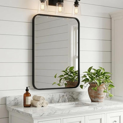 24x36 Inch Matte Black Rounded Rectangle Bathroom Vanity Mirror | For Over-Sink Bathrooms, Powder-Coated Iron Frame, Layered Shadow Box Look, Two-Way Mount, Protective Packaging