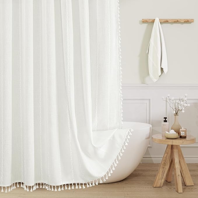 Boho Farmhouse Tassel Linen Shower Curtain,3D Embroidery Stripe Ivory,72x72 | 310GSM Striped Texture Heavy Duty Cloth,Water Repellent,Wrinkle Resistant,Vintage Rustic Country design,12 Plastic Hooks