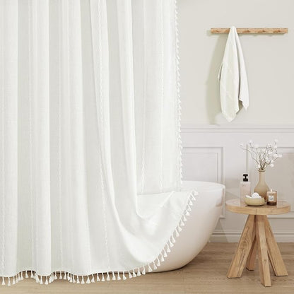 Boho Farmhouse Tassel Linen Shower Curtain,3D Embroidery Stripe Ivory,72x72 | 310GSM Striped Texture Heavy Duty Cloth,Water Repellent,Wrinkle Resistant,Vintage Rustic Country design,12 Plastic Hooks