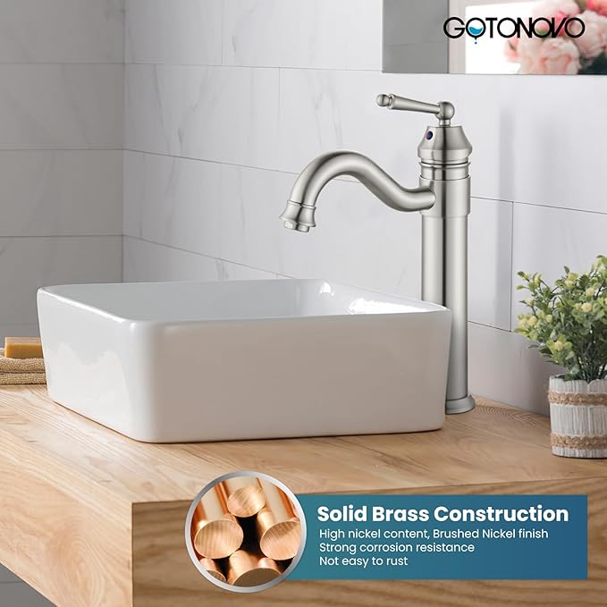 gotonovo Bathroom Vessel Sink Faucet Single Handle Brass Long Reach Bathroom Faucet 1 Hole Deck Mounted Mixer Tap with Pop Up Drain Brushed Nickel