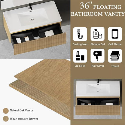 Floating Bathroom Vanity, 36" Wall Mounted Bathroom Cabinet with Glossy White Stone Resin Sink & U-Shaped Soft-Close Drawer, Pre-Assembled Striped Storage Vanity for Bathroom, Natural Wood