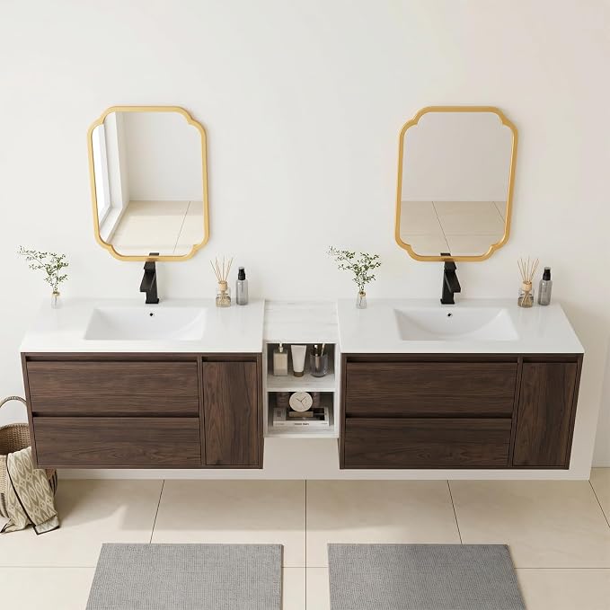 84 Inch Modern Floating Double Sink Bathroom Vanity, Wall-Mounted with Seamless Ceramic Top, Rounded Corners, Full-Extension Soft-Close Drawers & Concealed Drainage, White