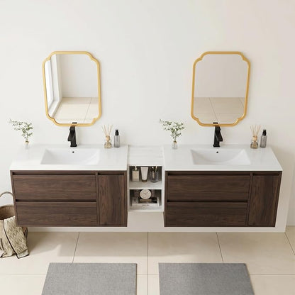 84 Inch Modern Floating Double Sink Bathroom Vanity, Wall-Mounted with Seamless Ceramic Top, Rounded Corners, Full-Extension Soft-Close Drawers & Concealed Drainage, White