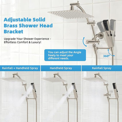 Hibbent All Metal CUPC Certified 10'' Rainfall Shower Head, Dual Shower Head Combo, High Pressure Handheld 4 Sprays Shower Wand, 16'' Adjustable Extension Arm, 71'' Hose, Shower Holder, Brushed Nickel