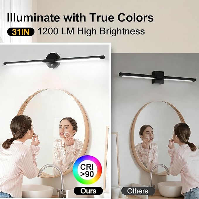 31inch Plug in Bathroom Vanity Light, 6000K Black Wireless Vanity Lights with Remote Control, Black Bar Mirror Light for Bathroom Mirror