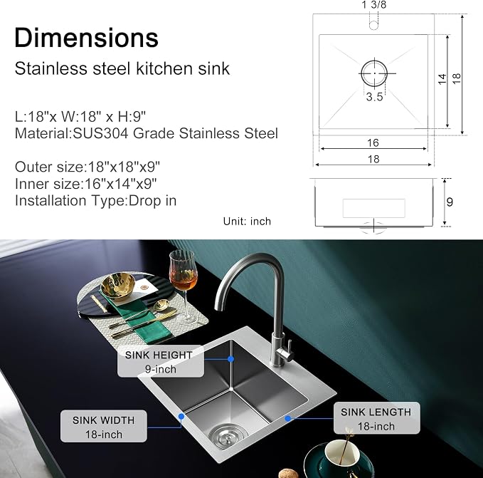 18"x18" Drop-In Single Bowl Sink 304 Stainless Steel 1-Hole | 18 inch Drop-in Kitchen Sink | 304 SS Brushed | 1-hole | 9" Deep Basin | Single Bowl | Small Kitchen/Prep
