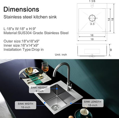 18"x18" Drop-In Single Bowl Sink 304 Stainless Steel 1-Hole | 18 inch Drop-in Kitchen Sink | 304 SS Brushed | 1-hole | 9" Deep Basin | Single Bowl | Small Kitchen/Prep