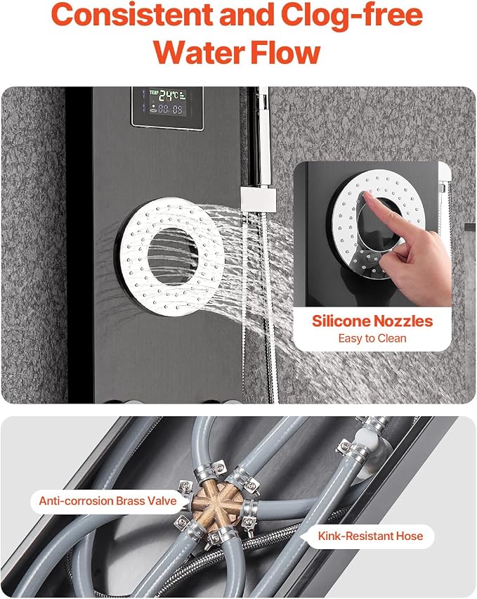 VEVOR Shower Panel Tower System with Rainfall Shower Head, LED, 53 in Brushed Stainless Steel Shower Column, 6-Function Faucet, Wall-Mount Rain Massage System with 5 Body Jets, Handheld, Tub Spout