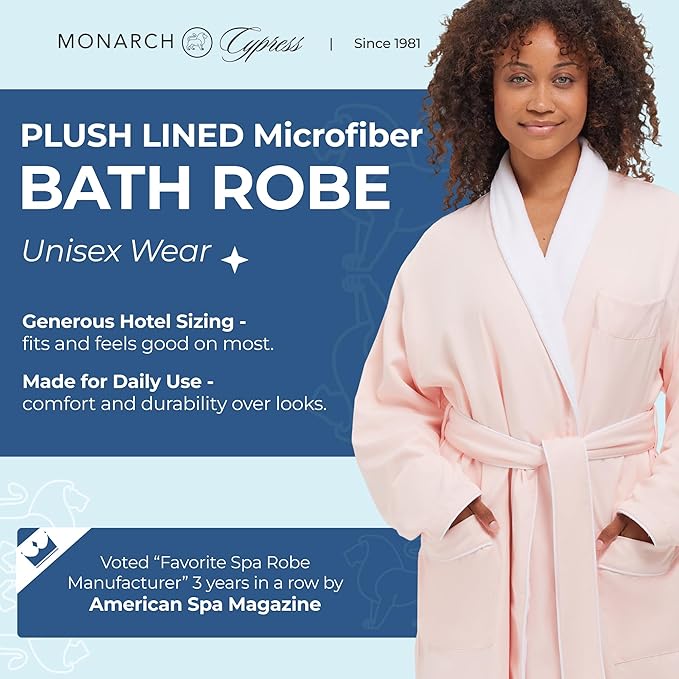 MONARCH Unisex Plush Lined Microfiber Bath Robe - Soft Shell with Polyester Lining, Resort-Grade Hotel & Spa Robe with Pocket