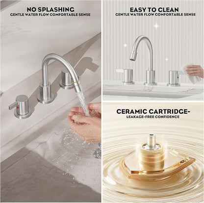 Pull Down Sprayer Brushed Nickel Widespread Bathroom Sink Faucet, 8 Inch 2 Handles 3 Hole Pull Out Bathroom Faucet,with Pop Up Drain and Water Supply Line,BF04022-K01-GBN