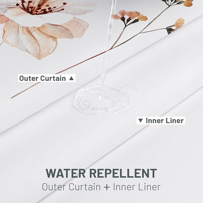 No Hook Floral Shower Curtain with Liner, Red, 71x74 | Snap in Liner, 3 in 1, Water Repellent, Easy Install, Machine Washable, Hotel Style for Bathroom, Watercolor Pattern