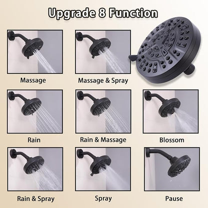 Matte Black 2 Handle Shower faucet Set, 8 Mode Shower Head Bathroom Shower Faucet Trim Kit with Rough-in Valve, Wall Mount