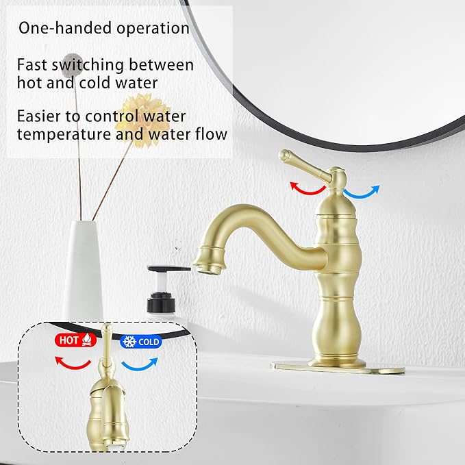 Bathroom Faucet Brushed Gold GGStudy 360° Swivel Bathroom Vanity Faucet Single Handle One Hole Bathroom Sink Faucet Basin Matching Pop Up Drain with Overflow
