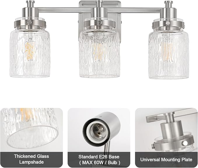 3 Light Bathroom Vanity Light Fixtures Modern Brushed Nickel | ETL Certificate, Easy to Install,Wall Mount Up or Down,Hammered Glass Lampshade,E26 Socket,Hardwired,120V