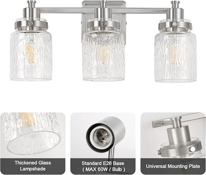 3 Light Bathroom Vanity Light Fixtures Modern Brushed Nickel | ETL Certificate, Easy to Install,Wall Mount Up or Down,Hammered Glass Lampshade,E26 Socket,Hardwired,120V