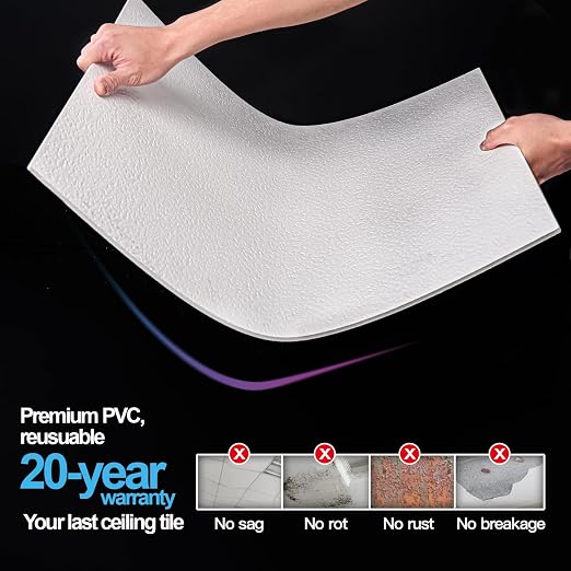 Art3d 12-Pack Stucco Texture Drop Ceiling Tiles 2x2 FT - Fire-Rated, Waterproof, Reusable - Premium PVC 24x24 Inch Ceiling Panels for Living Room Kitchen Bathroom Basement Office, White
