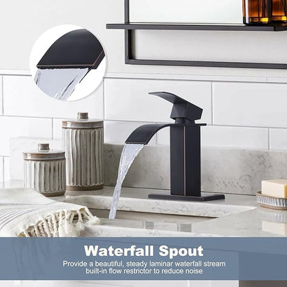 Oil Rubbed Bronze Bathroom Faucet - ARCORA Waterfall Bathroom Faucet Single Handle Mixer Tap Lavatory Vanity Sink Faucet with Deck Plate and Pop Up Drain, 1 or 3 Hole