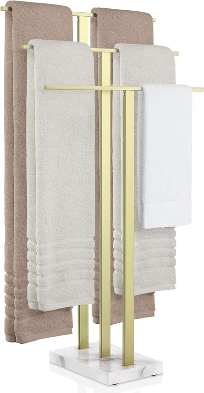 KES Standing Towel Rack 3-Tier with Marble Base, Brushed Gold Towel Rack Stand for Bathroom Floor, Fits Large Bath Towel & Hand Towel, 18/8 Stainless Steel, BTH217S3-BZ