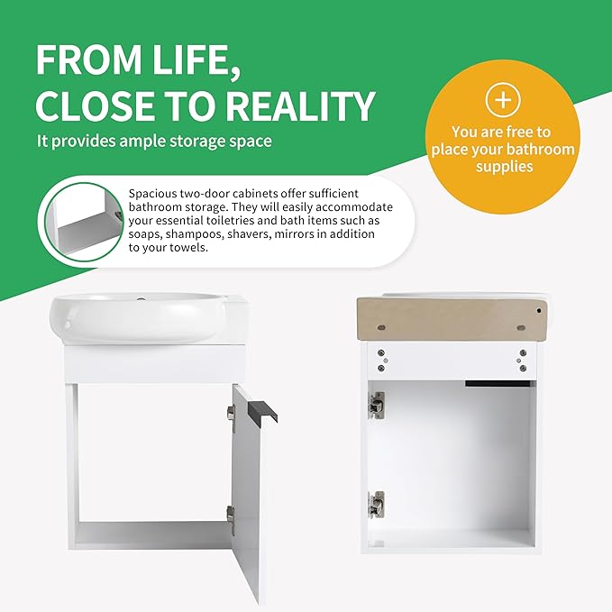 16" Wall Mounted Bathroom Vanity with Sink, 16 inch Floating Bathroom Vanity, Mordern Sink Vanity Combo, Basin and Cabinet 1 Soft Closing Door, White(WH-029, 16 * 10)