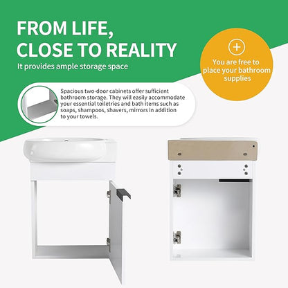 16" Wall Mounted Bathroom Vanity with Sink, 16 inch Floating Bathroom Vanity, Mordern Sink Vanity Combo, Basin and Cabinet 1 Soft Closing Door, White(WH-029, 16 * 10)