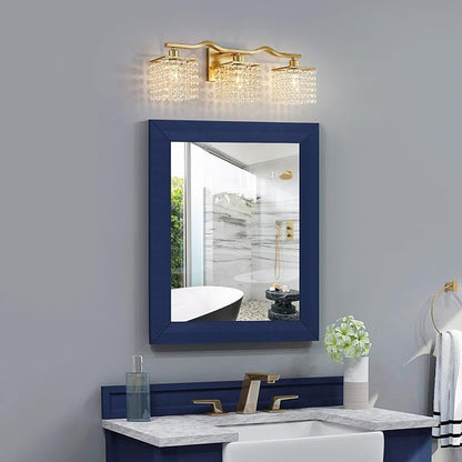 WUZUPS 3-Light Bathroom Light Fixture Over Mirror Morden Vanity Wall Sconces Light Clear Crystal Drop for Bedroom Living Room, E12 Base, Gold