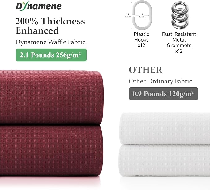 Waffle Shower Curtain 256 GSM Heavy Duty Fabric 72"x72" Burgundy | Thick Textured Cloth, Weighted Hem, Water Repellent Washable, Hotel Luxury Polyester Shower Curtain Set for Bathroom 12 Hooks