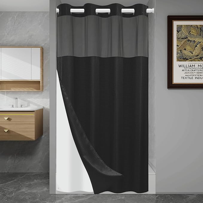 SORTTO No Hook Shower Curtain with Snap in Liner Set Waffle Shower Curtain for Bathroom Hotel Style Fabric Waterproof Inner Liner，36" W x 74" H, Black