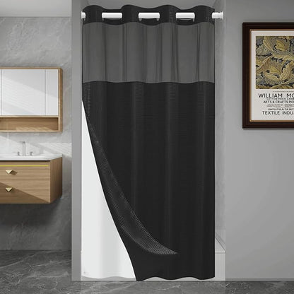 SORTTO No Hook Shower Curtain with Snap in Liner Set Waffle Shower Curtain for Bathroom Hotel Style Fabric Waterproof Inner Liner，54" W x 80" H, Black