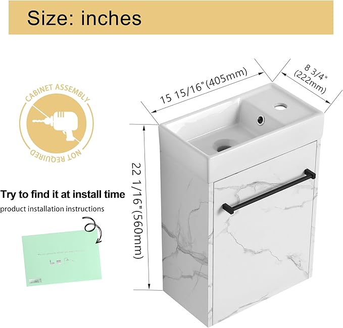Malwee 16" Floating Bathroom Vanity with Sink, 16 inch Modern White Wall Mounted Bathroom Cabinet Combo for Small Space, Narrow Bath Wall-Hung Vanity Set with 1 Ceramic Basin and 1 Door(16cw)