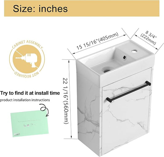Malwee 16" Floating Bathroom Vanity with Sink, 16 inch Modern White Wall Mounted Bathroom Cabinet Combo for Small Space, Narrow Bath Wall-Hung Vanity Set with 1 Ceramic Basin and 1 Door(16cw)