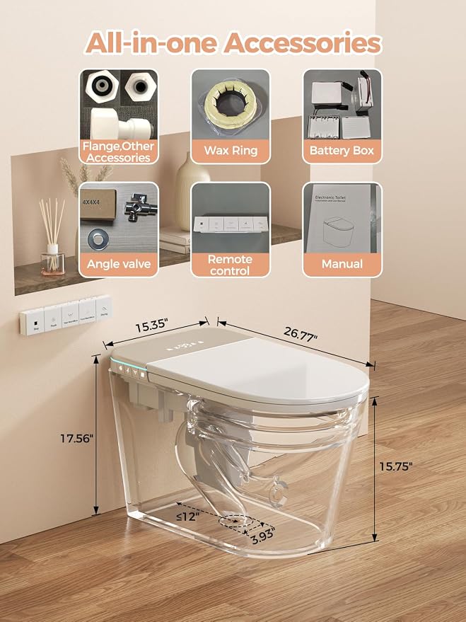 Smart Toilet with Bidet Built in, Auto Lid Open/Close, ADA Height Heated Seat, Warm Water/Dryer, Night Light, Dual Auto Flush, Foot Sensor Operation, Modern Elongated One-Piece Toilet