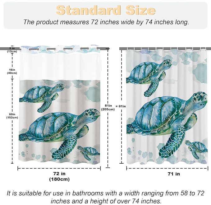 Beach Nautical Sea Turtle Theme No Hook Waffle Weave Shower Curtain with Snap in Liner Nautical Beach Bathroom Blue Ocean Decor Set 72 W x 81 H Inch Teal