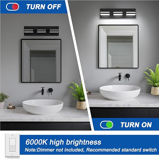 IZORRO LED Modern Bathroom Lights Fixtures(3-Light,Dimmable),Matte Black Acrylic Wall Lighting,Vanity Lights for Bathroom Over Mirror - 6000k 16In （No Assembly Required）