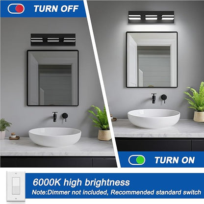 IZORRO LED Modern Bathroom Lights Fixtures(3-Light,Dimmable),Matte Black Acrylic Wall Lighting,Vanity Lights for Bathroom Over Mirror - 6000k 16In （No Assembly Required）
