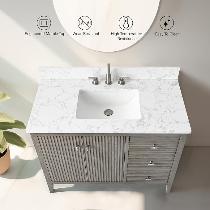 Vanity Art 42 inch Bathroom Vanity with Single Sink & Ceramic Top, Vanity Cabinet with Soft-Closing Door, Solid Wood Frame, Linear Pattern, Driftwood Gray, Golden Brushed Handware VA9142-DG-GB