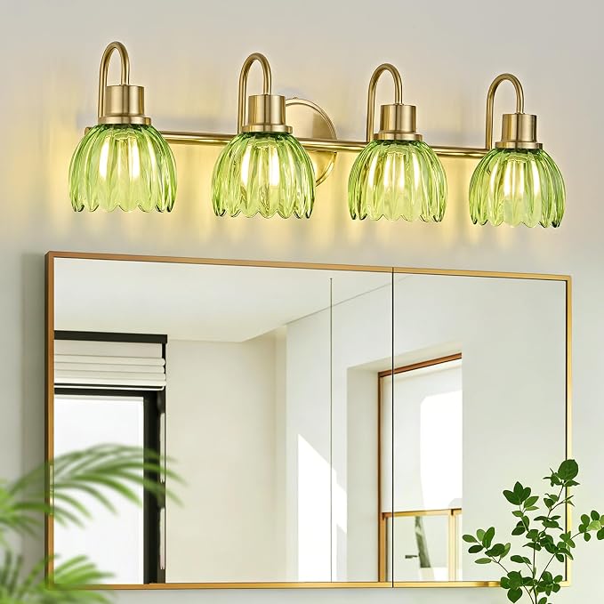 4-Light Bathroom Light Fixtures, 27" Vintage Gold Vanity Lights for Bathroom, Modern Vanity Lights with Ribbed Green Tulip Glass Shade, Wall Lamp for Mirror Living Room Hallway