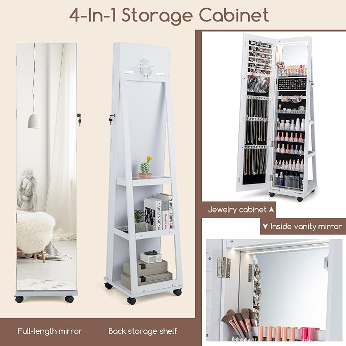 GOFLAME Jewelry Cabinet with Full Length Mirror, Lockable Jewelry Storage Organizer with Wheels, 3-Color LED Lights, Inner Mirror, Freestanding Jewelry Armoire with Rear Storage Shelves, White