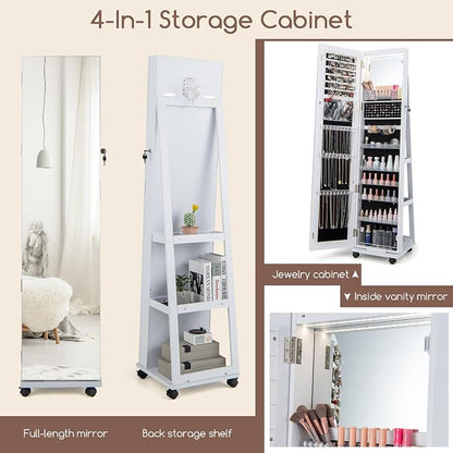 GOFLAME Jewelry Cabinet with Full Length Mirror, Lockable Jewelry Storage Organizer with Wheels, 3-Color LED Lights, Inner Mirror, Freestanding Jewelry Armoire with Rear Storage Shelves, White