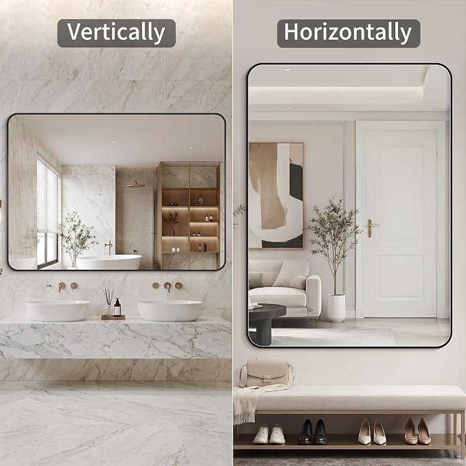Koonmi Bathroom Mirror, 28X36 Brushed Black Rectangle Wall Mirror, HD Tempered Glass, Anti-Rust Frame Vanity Mirror, Rounded Rectangle Mirror for Restroom, Bedroom, Hangs Horizontal or Vertical