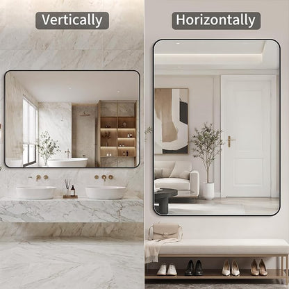 Koonmi Bathroom Mirror, 28X36 Brushed Black Rectangle Wall Mirror, HD Tempered Glass, Anti-Rust Frame Vanity Mirror, Rounded Rectangle Mirror for Restroom, Bedroom, Hangs Horizontal or Vertical