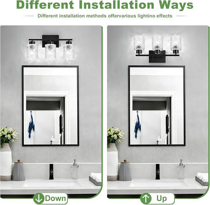 3-Light Bathroom Light Fixtures, Black Vanity Lights Over Mirror | Wall Sconces with Clear Textured Glass Shades for Living Room Bedroom Hallway,E26 Base (Bulbs Not Included)